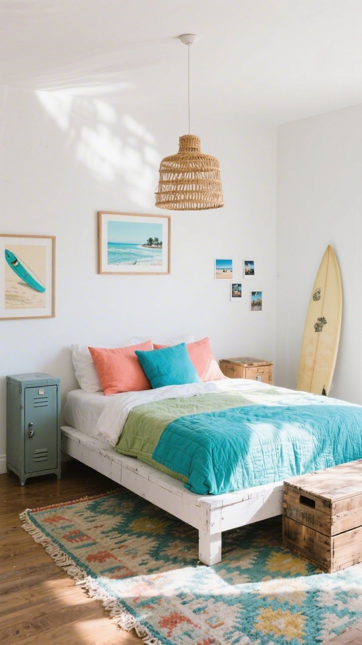 Medium shot: Surf shack chic bedroom with white walls and a whitewashed platform bed layered with color-blocked linen pillows in peachy coral, lagoon blue, and sun-faded green, plus a turquoise lightweight quilt. A rattan pendant casts woven shadows across the room. Nightstands are mismatched—one painted metal locker and one reclaimed wood crate. Vintage surf prints and Polaroid-style beach snapshots create a casual gallery. A flatweave kilim rug in coastal brights grounds the scene, with a leaning surfboard visible at the edge. Late-afternoon sun, relaxed California vibe, photorealistic.
