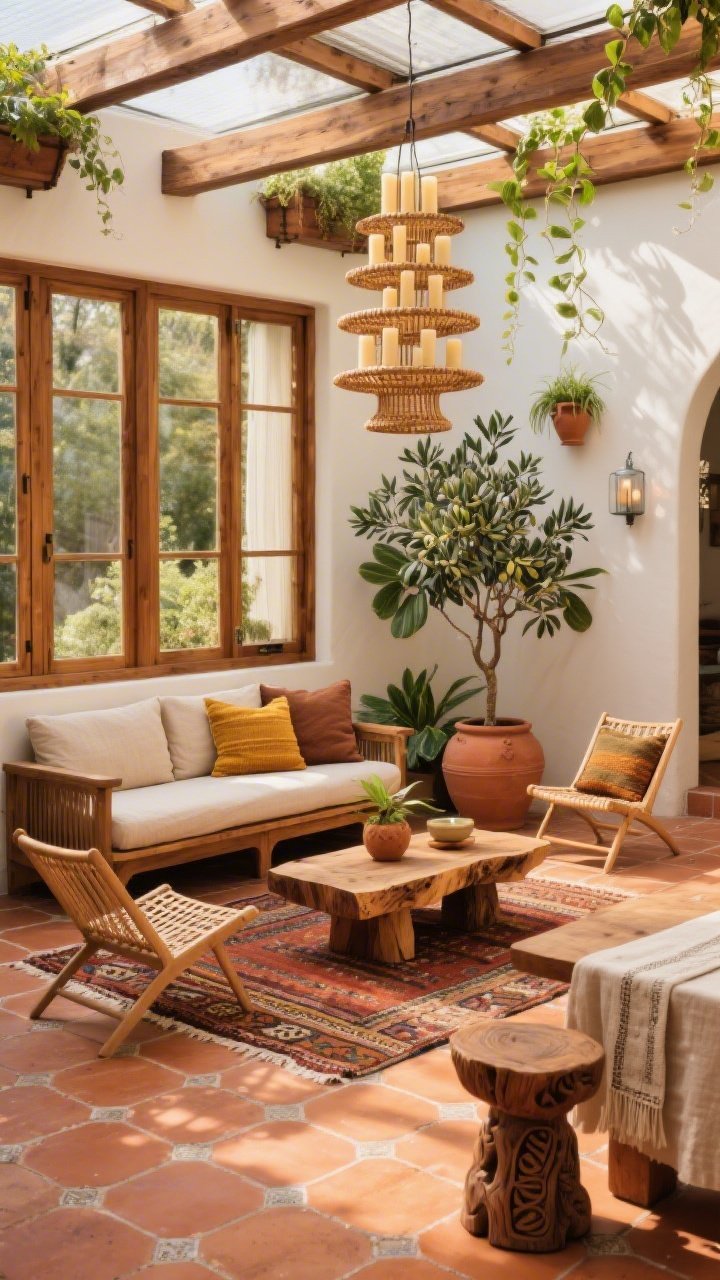 Medium shot, Terracotta-and-Teak Solarium: terracotta hex tile flooring as the star, warmed by sunlight; teak-framed windows/furniture, linen-cushioned teak settee, two café sling chairs, live-edge wood coffee table; hand-loomed pillows in cinnamon, marigold, and olive; Moroccan Beni rug softening the tile; plants include olive tree, ZZ plant, and trailing pothos from beam-hung planters; tiered cane pendant above and pillar candles in hurricane glass; terracotta urns, carved wood stool, linen table runners; Mediterranean courtyard vibe, side-angle perspective, golden-hour warmth, photorealistic.