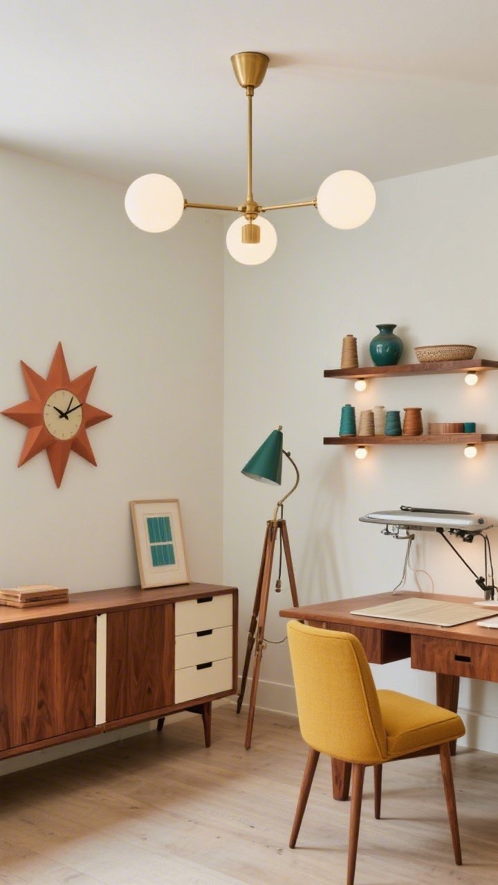 Medium shot, three-quarter angle: A Mid-Century Maker Den featuring a warm walnut desk with tapered legs, a low walnut credenza with sliding doors, a mustard accent chair, starburst wall clock, and geometric art. Lighting blends style and function: a three-arm brass chandelier with opal globes provides even ambient light, while a classic cone-shade task lamp in olive or teal focuses the desktop. A tripod floor lamp stands beside the ironing/cutting station for zone lighting; discreet puck lights under floating walnut shelves highlight pottery and thread cones. Palette: walnut, cream, mustard, teal, touch of terracotta. Photorealistic, refined retro.