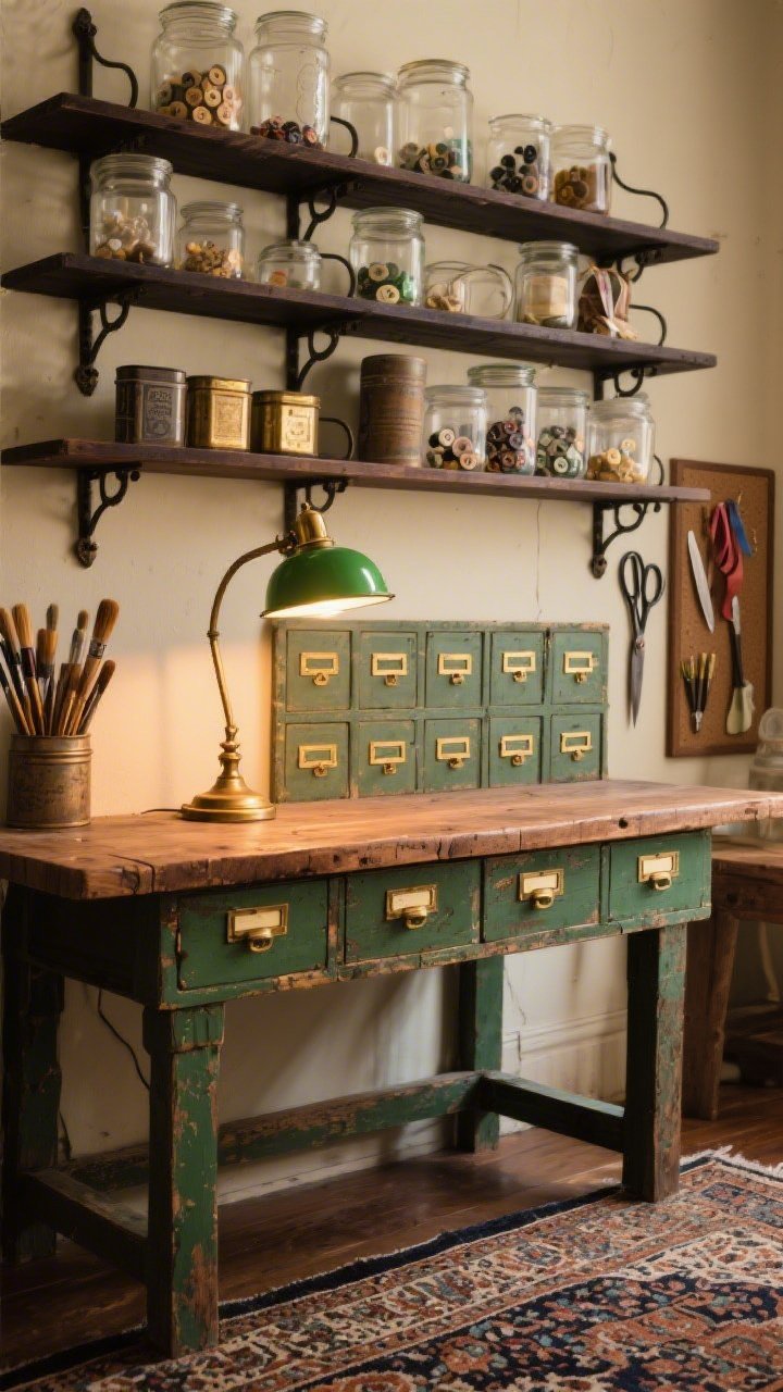 Medium shot, Vintage Apothecary Workshop: a distressed wooden workbench topped with a glowing green banker’s lamp, backed by a row of small apothecary drawers with brass label holders; above, dark wood shelves on iron brackets lined with mismatched clear glass jars of buttons, ribbons, and paintbrushes, plus vintage tins; a Persian-style runner grounds the scene; include a magnetic strip on the wall holding scissors and blades; warm, nostalgic lighting with brass and walnut tones, emerald accents, cream backdrop; straight-on view, photorealistic, rich textures.