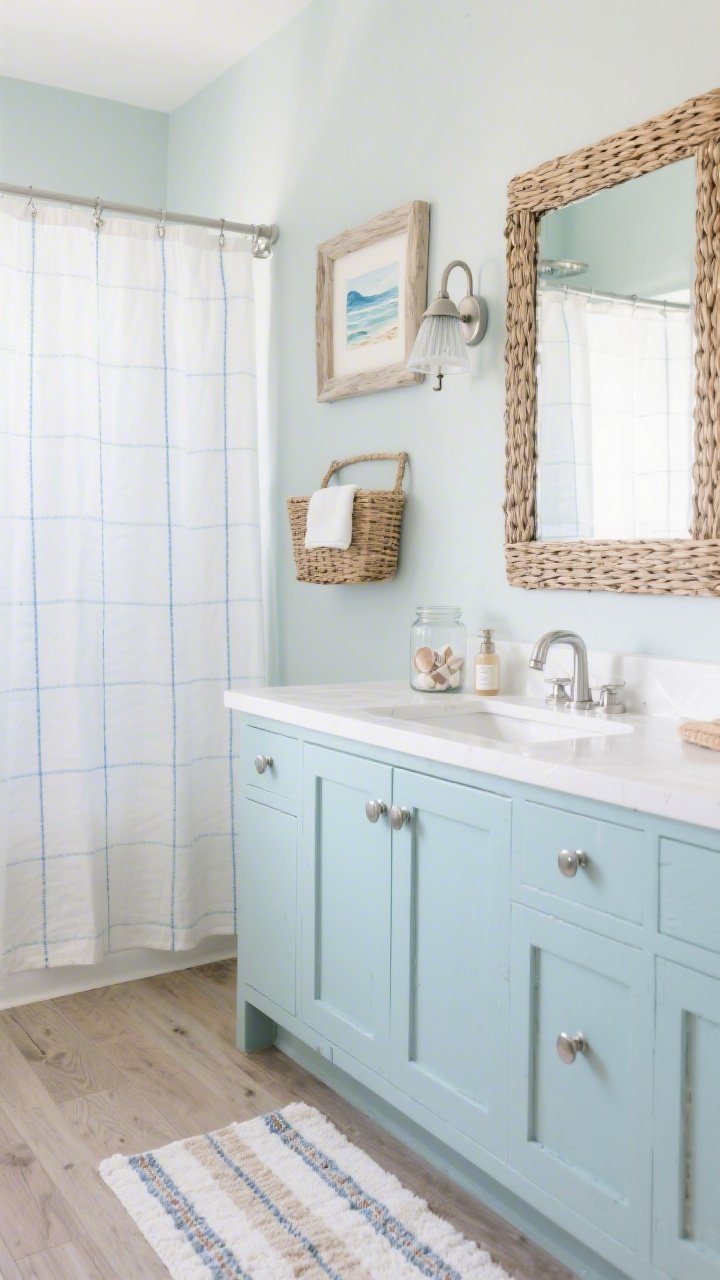 Medium shot with a gentle side angle capturing coastal calm: vanity painted muted sea-glass blue with brushed nickel pulls, rattan-framed mirror reflecting light, woven wall basket holding hand towels. White shower curtain with subtle blue ticking stripes, light oak-look vinyl plank flooring, frosted bell sconces in nickel. Accents on the counter: glass jar with shells, sea-salt hand soap. Turkish cotton bath mat on the floor, small framed coastal watercolor on the wall. Airy, breezy, driftwood and pale blue palette, boutique beach-cottage mood.