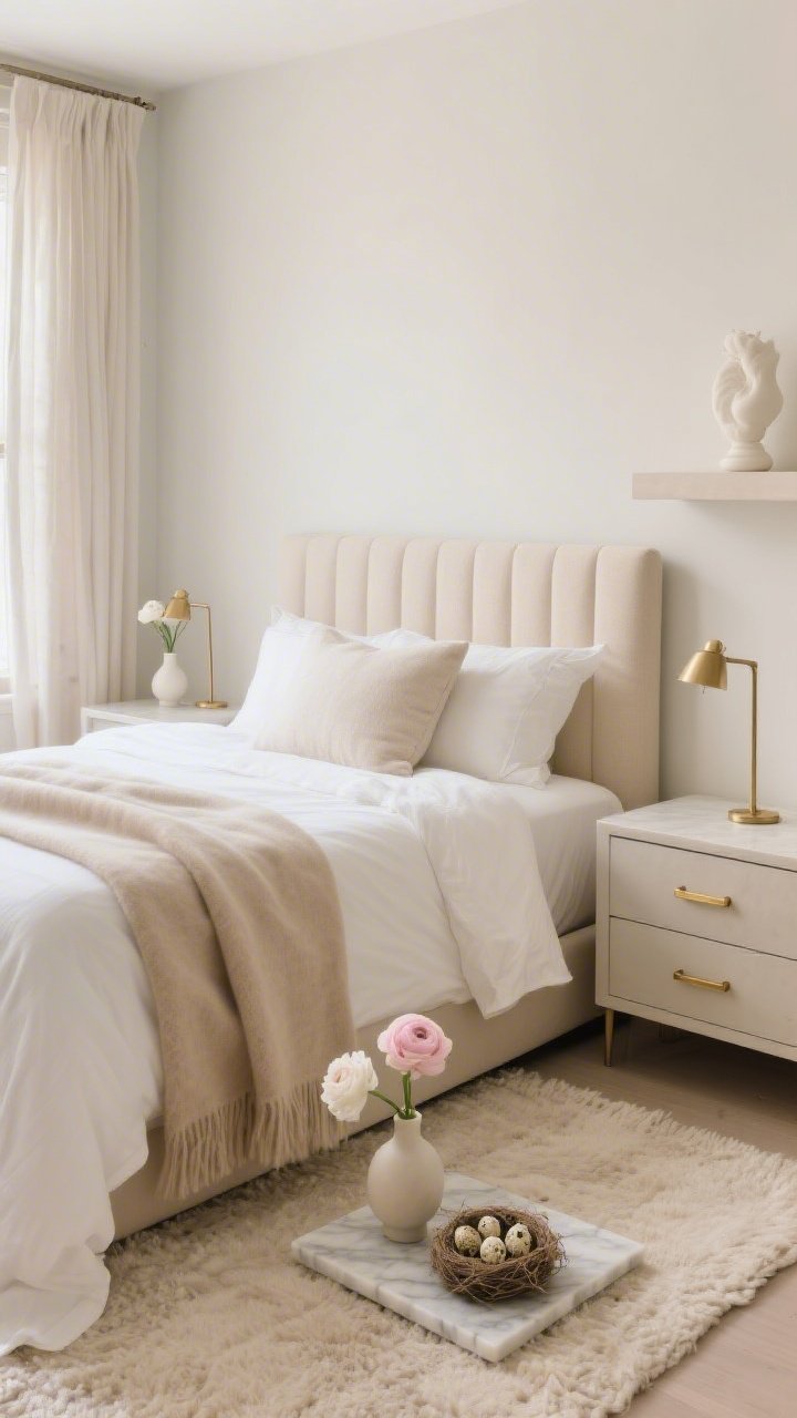 Medium, soothing bedroom corner: oyster-toned walls, soft beige upholstered headboard, cream percale bedding layered with a sand-toned throw and a cashmere lumbar pillow. Linen curtains frame soft daylight; pale oatmeal wool rug underfoot. On each nightstand: a delicate bud vase with one or two blush-white ranunculus, a marble tray holding a tiny nest of speckled eggs. Soft gold pulls on the dresser, slim brass reading lamps, and a floating shelf displaying a cream ceramic sculpture. Featherlight, serene mood; photorealistic.