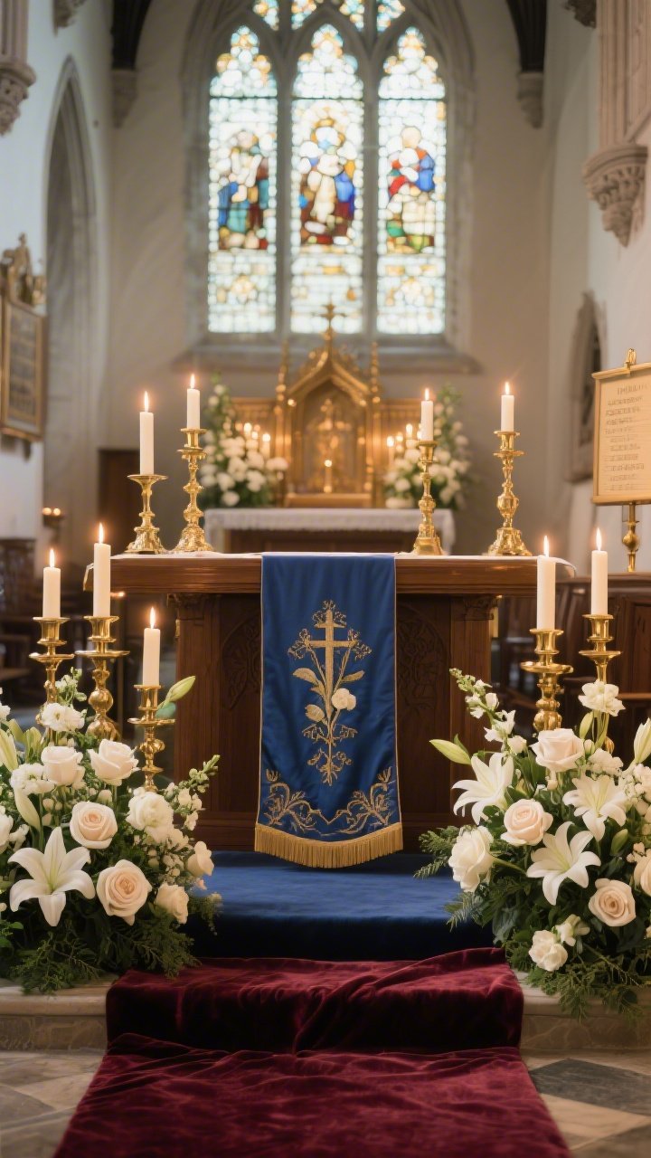 Medium straight-on altar shot: A timeless cathedral look with ivory florals, brass, and candlelight. Layered brass candlesticks in varying heights flicker across the altar, surrounding classic arrangements of roses, lilies, and stock in ivory with hints of greenery. A rich velvet runner in deep royal blue or burgundy grounds the display. Polished hymn boards and an embroidered Easter stole draped at the pulpit reflect tradition. Stained glass windows glow in the background with florals kept low to let them shine. Warm candlelit ambiance, photorealistic, no people.