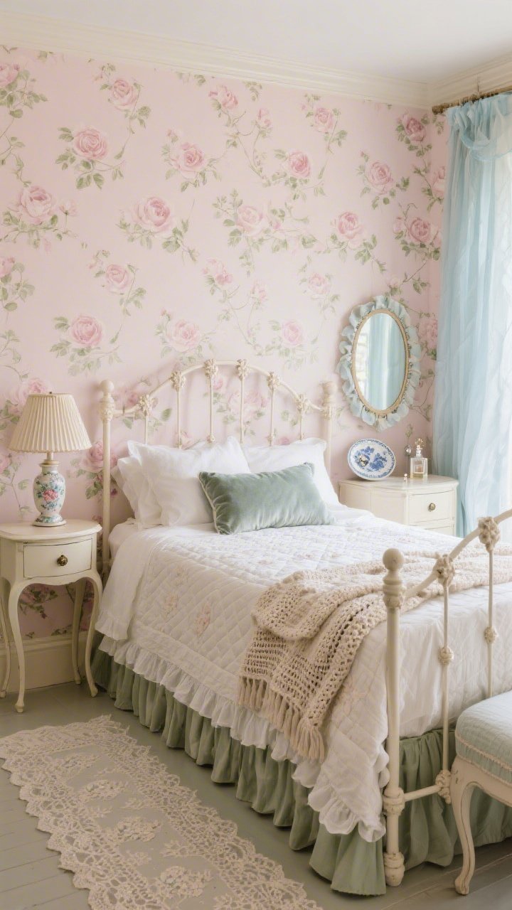 Medium straight-on bedroom view: Rose Garden retreat with blush wallpaper in a subtle climbing rose pattern and a cream iron bed dressed in a hand-stitched quilt, crisp linen sheets, a ruffled bed skirt, a crochet throw at the foot, and a velvet bolster pillow. Curvy nightstands with tiny ceramic knobs hold petite lamps with pleated floral shades over lace runners. Palette of rose, cream, faded moss, and dusty blue. Sheer voile curtains filter light; a skirted vanity with a round ribbon-trimmed mirror sits nearby, topped with a china dish for earrings and a glass perfume bottle. Soft, whisper-quiet mood, photorealistic.