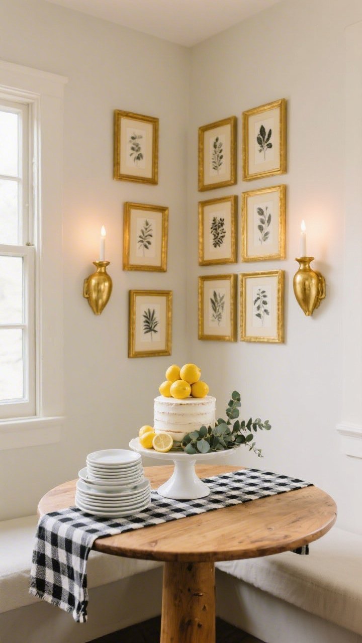 Medium, straight-on dining nook by a window: a petite round natural-wood table with a black-and-white gingham runner and stacked white dishes. Above, a salon-style gilded gallery wall of mixed dollar-store frames uniformly spray-painted antique gold, each with cream poster-board mats and black-and-white botanical prints. On either side, faux sconce illusions—battery candles mounted in gold-painted wall vases—emit a warm evening glow. Center of table holds a simple pedestal centerpiece: white cake stand topped with stacked lemons and eucalyptus. Palette cream, gold, black, natural wood; textures satin gold, crisp cotton, smooth ceramics.