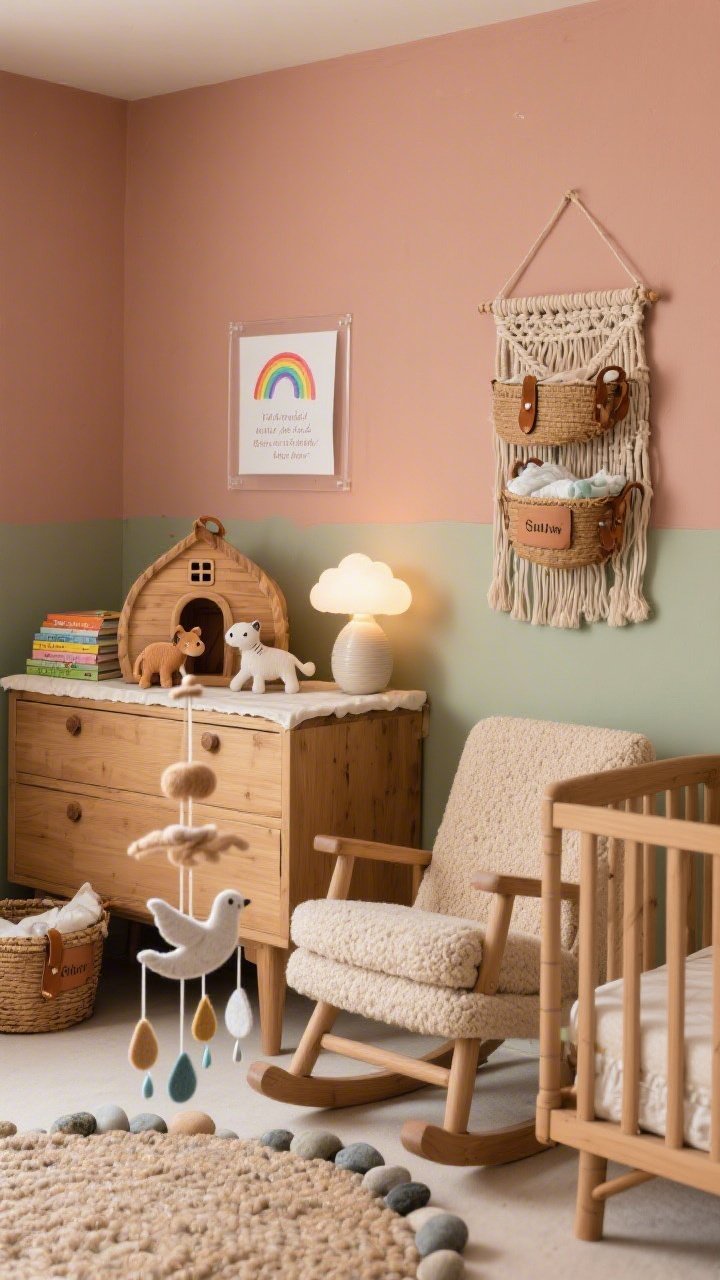 Medium, straight-on earthy nursery vignette: warm clay-pink or muted sage walls, natural wood crib, oatmeal boucle rocking chair. On a low dresser, a Noah’s promise centerpiece—a hand-carved wooden ark with pairs of tiny animals resting on a linen runner; above it, a small acrylic stand displaying a watercolor rainbow verse card. A ceramic cloud night-light softly glowing next to a neat stack of board books. Woven rainbow wall hanging, baskets with leather pulls labeled for diapers/swaddles/storytime, thick wool pebble rug visible in foreground, mobile with felt doves and raindrops gently suspended. Soft, tender ambient lighting.
