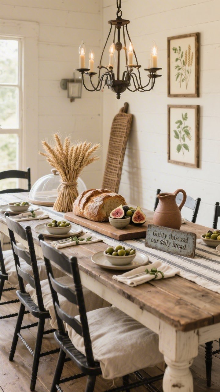 Medium, straight-on farmhouse dining scene: long reclaimed-wood farm table with ladder-back chairs and a slipcovered bench, palette of buttermilk, wheat, and iron with soft black accents. Centered on the vintage breadboard is a “daily bread” centerpiece—crusty artisan loaves, bunches of wheat tied with twine, small ceramic bowls of figs and olives, a clay pitcher, and a stamped tin plaque reading “Give us this day our daily bread” leaning against a woven demi-cloche. Striped runner, stoneware plates, linen napkins with olive sprig rings. Overhead wrought-iron chandelier with candle-style bulbs lit; framed botanical prints of vines and grains on the wall. Warm, inviting light.