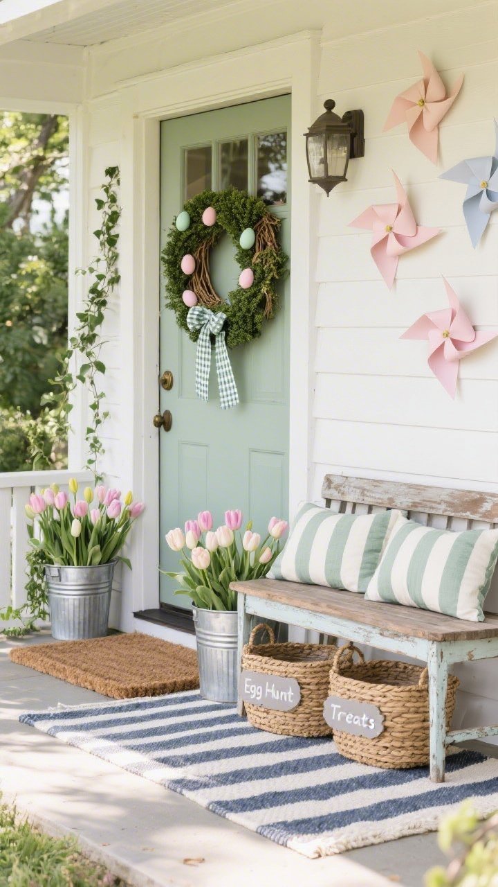 Medium, straight-on farmhouse porch vignette: front door framed with a lush boxwood garland woven with gingham ribbon, a straw wreath dotted with pastel eggs; flanking galvanized buckets overflowing with tulips and trailing ivy; underfoot, a coir doormat layered over a striped outdoor rug; a weathered vintage wooden bench topped with ticking-stripe pillows; beneath, woven baskets labeled “Egg Hunt” and “Treats”; a cluster of pastel paper pinwheels mounted on the wall adding movement; palette of sage, cream, navy stripe, galvanized silver, pastel pops; natural outdoor daylight; photorealistic, no people.