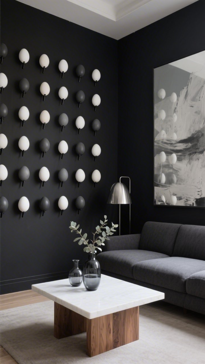 Medium, straight-on gallery-wall focus on a matte black accent wall with a tight museum-style grid of eggs painted in gradations from white to charcoal, each egg perched on narrow black pegs appearing to float; include the edge of a low-profile charcoal sectional, a white oak coffee table with clean lines, and a brushed-steel sculptural floor lamp; a large grayscale abstract canvas visible on the opposite wall reflection; add a few smoky glass vases with eucalyptus for soft movement; photorealistic, crisp editorial lighting with matte, oak grain, wool, and steel textures.