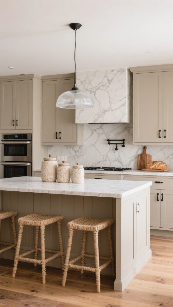 Medium, straight-on kitchen view: warm greige Shaker cabinetry with matte black pulls; seamless Calacatta-look marble slab countertop rising into a full-height slab backsplash; oak floors; a single sculptural frosted-glass pendant centered over the island; woven paper-cord counter stools; panel-ready appliances blending into the cabinets; a trio of travertine canisters and a wooden bread board on the counter; clean, tailored, low-drama lighting.