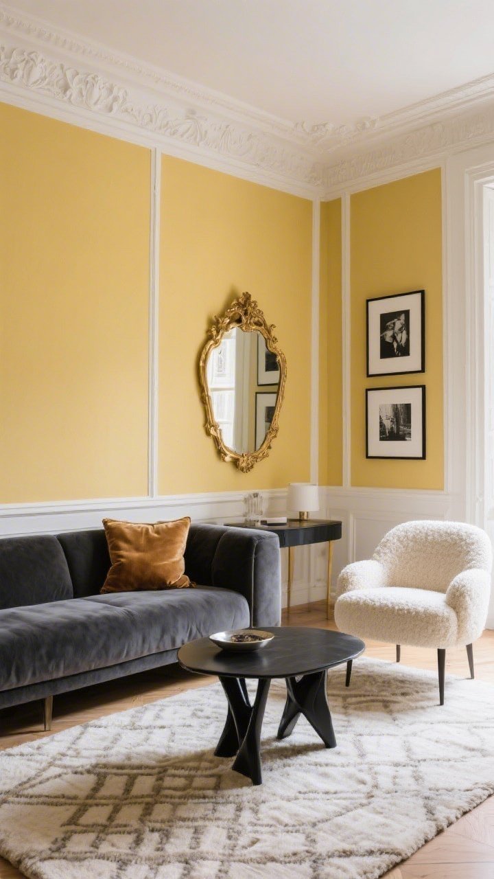 Medium, straight-on living room view: Parisian-meets-modern space with butter yellow walls trimmed in crisp white crown molding, a low-slung charcoal sofa, sculptural black metal coffee table, cream bouclé accent chairs, a vintage gold mirror on the wall, framed oversized black-and-white photography in slim black frames, a neutral wool rug with a subtle geometric weave, a velvet throw pillow in warm camel; elegant, edited, morning-light ambiance, photorealistic.