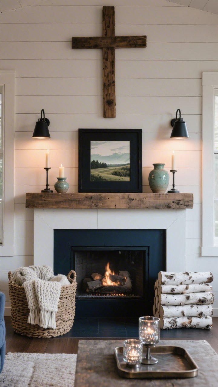 Medium, straight-on mantel shot in a modern farmhouse living room: shiplap wall with a reclaimed barnwood cross centered above the mantel, matte black sconces flanking it; mantel layered with a black-framed landscape print, smaller stoneware vases, and taper candles; hearth grounded by a chunky basket of knit throws and a neat stack of white birch logs; textures of weathered wood, iron, stoneware, and wool; accent hints of inky navy, warm taupe, spring sage; subtle sparkle from mercury glass votives and a brushed metal cross accent on a coffee table tray just in foreground; soft evening glow, photorealistic, no people
