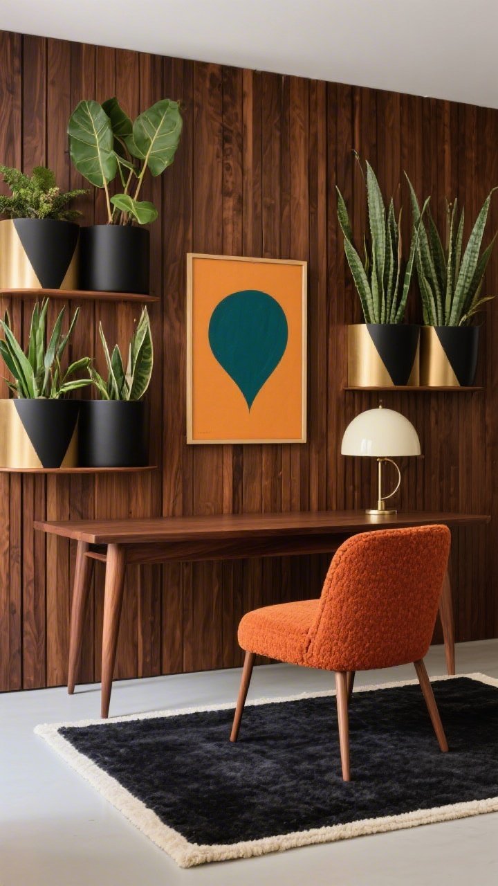 Medium straight-on photorealistic shot highlighting form and contrast: a warm walnut slatted wall with staggered geometric wall-mounted planters in matte black and brushed brass placed between slats; sculptural plants—ZZ stems, rubber tree cuttings, and sansevieria—echo strong vertical and angular lines; a walnut desk on tapered legs centered, a spice-orange boucle chair tucked in, low dome lamp in cream enamel on the desktop; a framed abstract print in ochre and teal on the wall, charcoal wool rug with a thin cream border underfoot; palette of walnut, charcoal, brass, burnt orange, deep green; retro mid-century statement with repeated triangular and circular shapes.