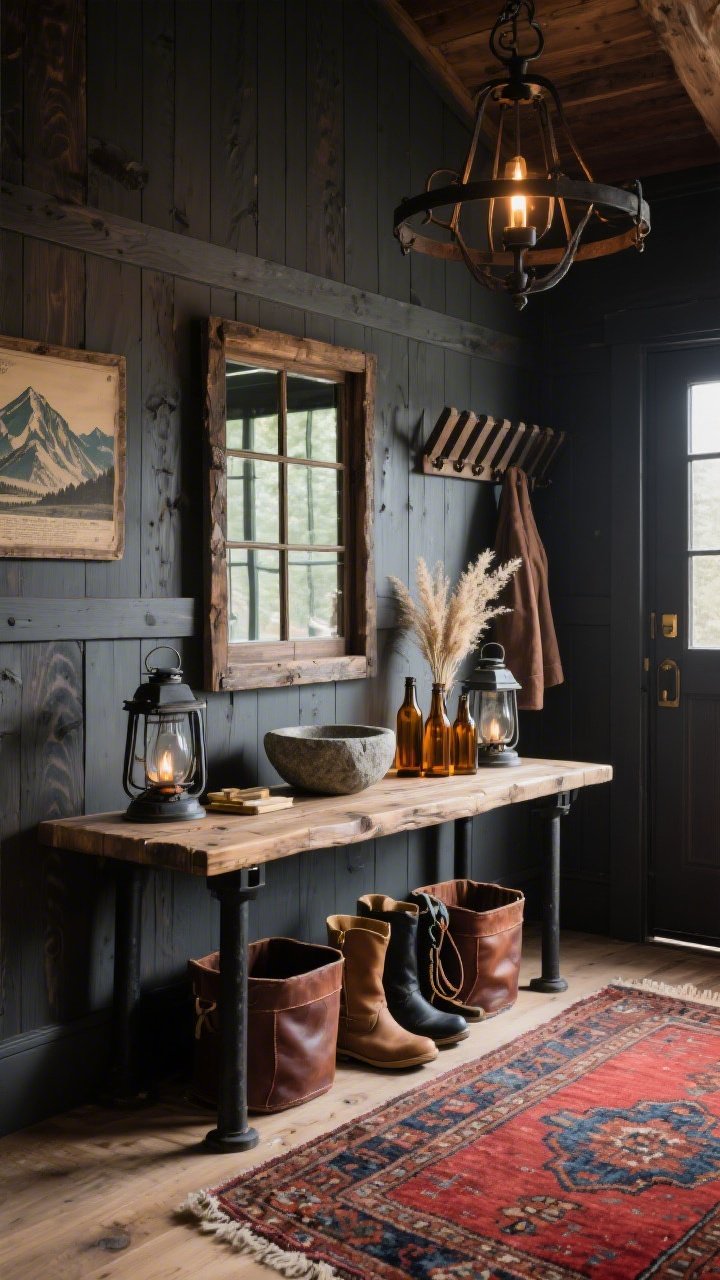 Medium, straight-on photorealistic shot of a rustic lodge entry: dark-stained wood paneling (or deep greige walls) behind a sturdy reclaimed-wood console with black iron legs; a paned window mirror above evoking an old cabin window; hand-knotted rug in rich reds and indigos grounding the space; on the console, iron lanterns, a stone bowl for essentials, and a small cluster of amber glass bottles with dried grasses; leather bins below for boots and dog leashes; overhead forged-iron chandelier casting warm, moody light; slatted coat rack and a vintage mountain print completing the scene; palette of charcoal, walnut, rust, indigo, and aged brass; cozy, grounded atmosphere, no people.