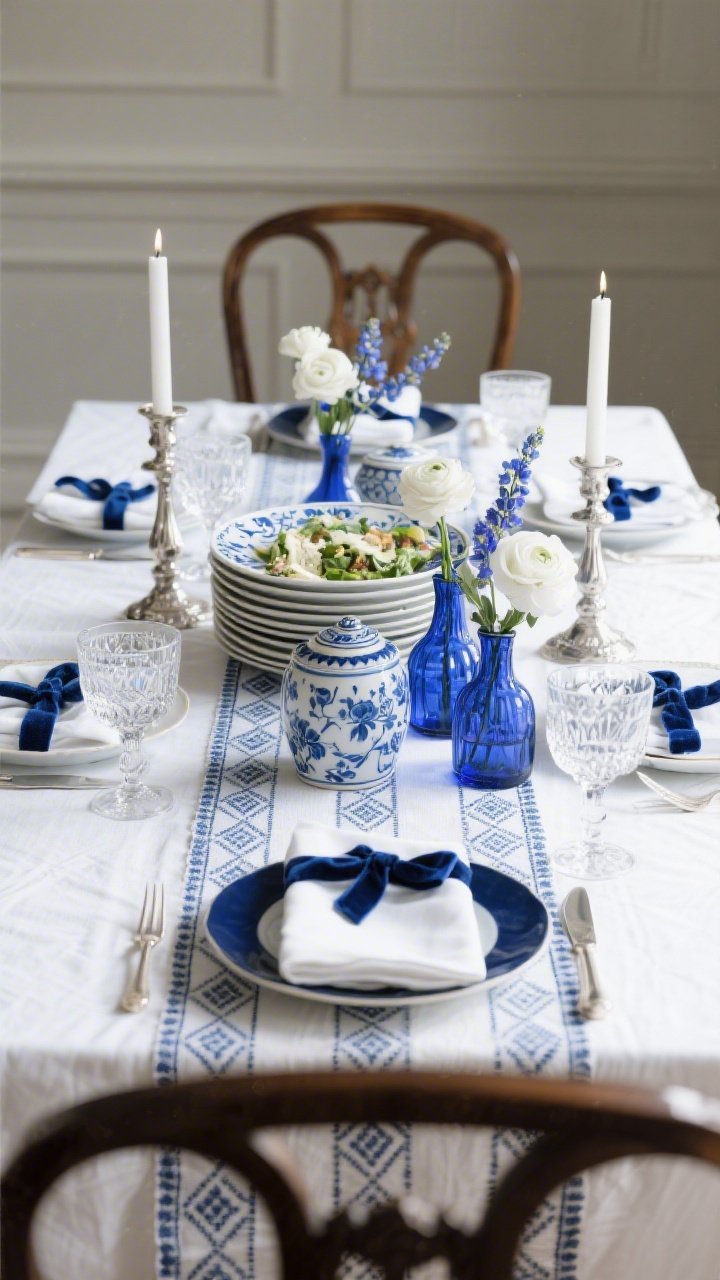 Medium, straight-on view of a blue-and-white heritage remix tablescape: white tablecloth with a narrow indigo runner patterned in small geometrics. Mix-and-match blue-and-white china stacks a navy dinner plate under a delicate floral salad plate. Crisp white napkins tied with thin blue velvet ribbons. Clustered centerpiece of ginger jars and blue glass bud vases filled with white ranunculus and delphiniums. Hand-painted porcelain Seder plate with cobalt detailing. Silver candlesticks with white tapers and cut-crystal wine glasses add sparkle. Classic yet fresh mood; no people; photorealistic.