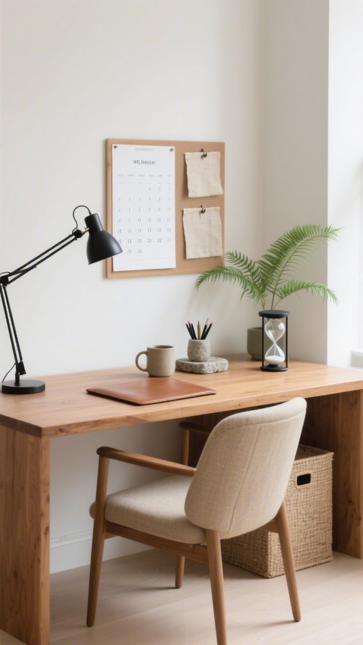 Medium, straight-on view of a contemplative workspace: a clean-lined warm-wood desk with a slim matte-black task lamp, a comfortable oatmeal-fabric chair, and minimal surface items—a leather blotter, a single ceramic mug holding pens, and a stoneware coaster; on the wall, a monthly calendar and a simple inspiration board with linen pins; to the side, a single fern or ZZ plant adds soft green calm; a small hourglass sits at the desk edge; a natural fiber storage box is tucked neatly beneath; palette of warm wood, ivory, black, and soft green; bright but gentle daylight, clutter-free, photorealistic, no people.