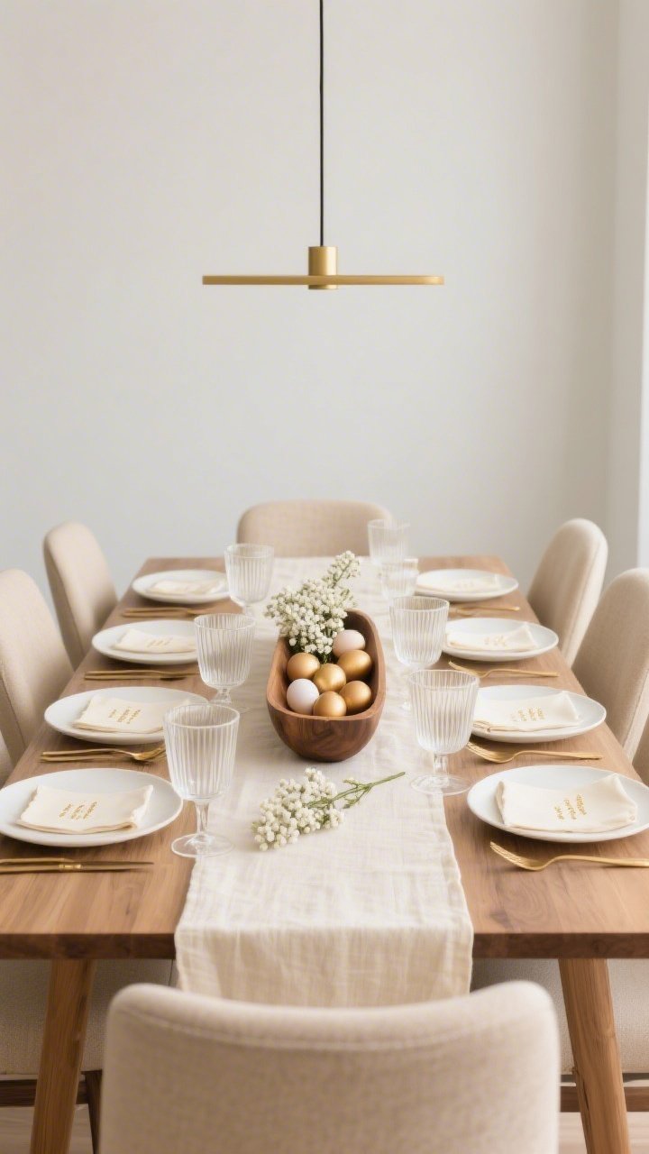 Medium, straight-on view of a minimalist dining room: natural oak table with a cream runner, beige upholstered chairs, matte white plates, parchment linen napkins, and brushed gold flatware. Centerpiece is a narrow wooden trough with soft-gold eggs scattered among sprigs of white waxflower. Overhead, a slim linear pendant in soft brass casts warm, even light; clear ribbed goblets catch the light at each place setting; small deckled cream place cards with gold ink at each plate. Calm, refined brunch ambiance; photorealistic.