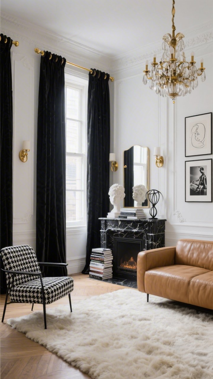 Medium, straight-on view of a Parisian-inspired living room vignette: tall windows framed by black velvet pinch-pleat curtains slightly puddling on the floor, hung on a polished brass rod with classic rings and finials. White walls with picture frame molding, black marble fireplace mantel, plush cream rug. Low-profile camel leather sofa adjacent to a black-and-white houndstooth chair. Gallery-style art (line drawings and monochrome photography), stacked fashion books, a sculptural bust, and a black metal mirror. Brass sconces flanking the fireplace and a dramatic brass chandelier overhead. Moody, high-contrast lighting with soft daylight and warm brass highlights, photorealistic.