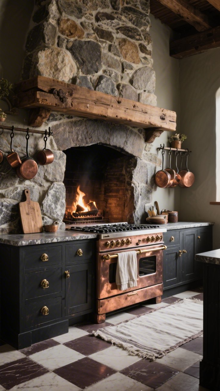 Medium straight-on view of a rustic stone-and-copper hearth kitchen: classic range nestled in a hearth-style stone alcove with a thick reclaimed beam mantle; dark soapstone or leathered granite counters; charcoal-painted lower cabinets with aged brass cup pulls; wall-mounted rail showcasing hanging copper pots and iron hooks; checkerboard floor in deep taupe and off-white; linen runner and vintage cutting boards leaning against stone; moody, warm lighting that emphasizes textures of stone, wood, and copper, no people, photorealistic.