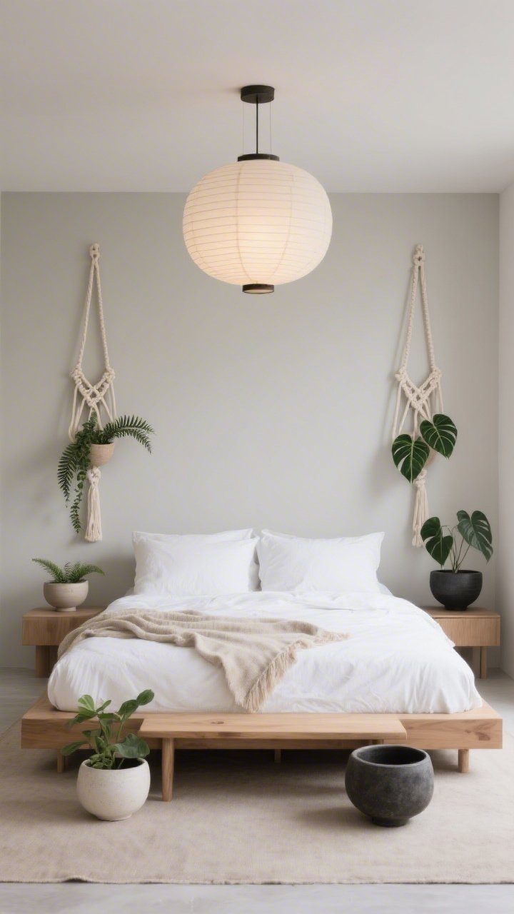 Medium, straight-on view of a serene Japandi bedroom; soft greige walls, low-profile oak platform bed with crisp white bedding and a flax throw; two ultra-minimal natural-cotton macrame hangers with simple geometric knots hung symmetrically beside the headboard; each holds a delicate fern and a trailing heartleaf philodendron in matte ceramic bowls; overhead rice paper lantern casting soft glow; a narrow ash wood bench at the foot; stoneware planters in off-white and charcoal; calm palette of bone, sand, and soot-black accents, photorealistic.