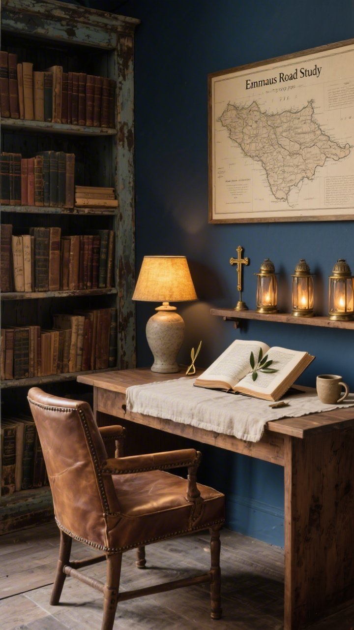Medium study vignette, “Emmaus Road Study”: Antique-leaning reading nook with a leather chair beside a weathered bookcase filled with worn volumes. On a wooden desk: an open vintage Bible atop a linen blotter, a stoneware lamp with a warm shade pooling golden light, and a notebook with a pressed olive leaf tucked inside. Framed map print of ancient Judea on the wall. Palette of navy, walnut, parchment, burnished brass. Textures of leather, raw linen, textured paper, patinaed metal. Small decor: a brass bookmark cross, a hand-thrown mug, and a narrow console holding three lanterns dimly glowing to echo a warm walk home. Photorealistic, contemplative, no people.