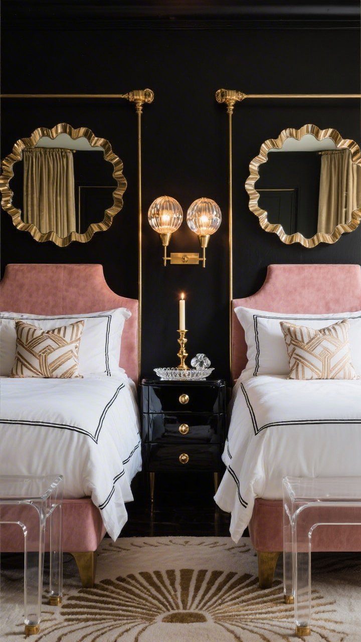 Medium, symmetrical bedside vignette in an Art-Deco glam bedroom: black accent wall behind a blush velvet headboard, crisp white bedding edged with black piping. On each glossy lacquer nightstand, a single gold candlestick with a creamy taper beside a small crystal tray. Scalloped-edge mirrors above nightstands, statement globe lamps providing layered, warm evening light. Rug with Art-Deco fan motif and geometric throw pillows visible on the bed; brass curtain rods, faceted knobs, and a lucite bench at foot of bed. Mood: sultry, Old Hollywood glamour.
