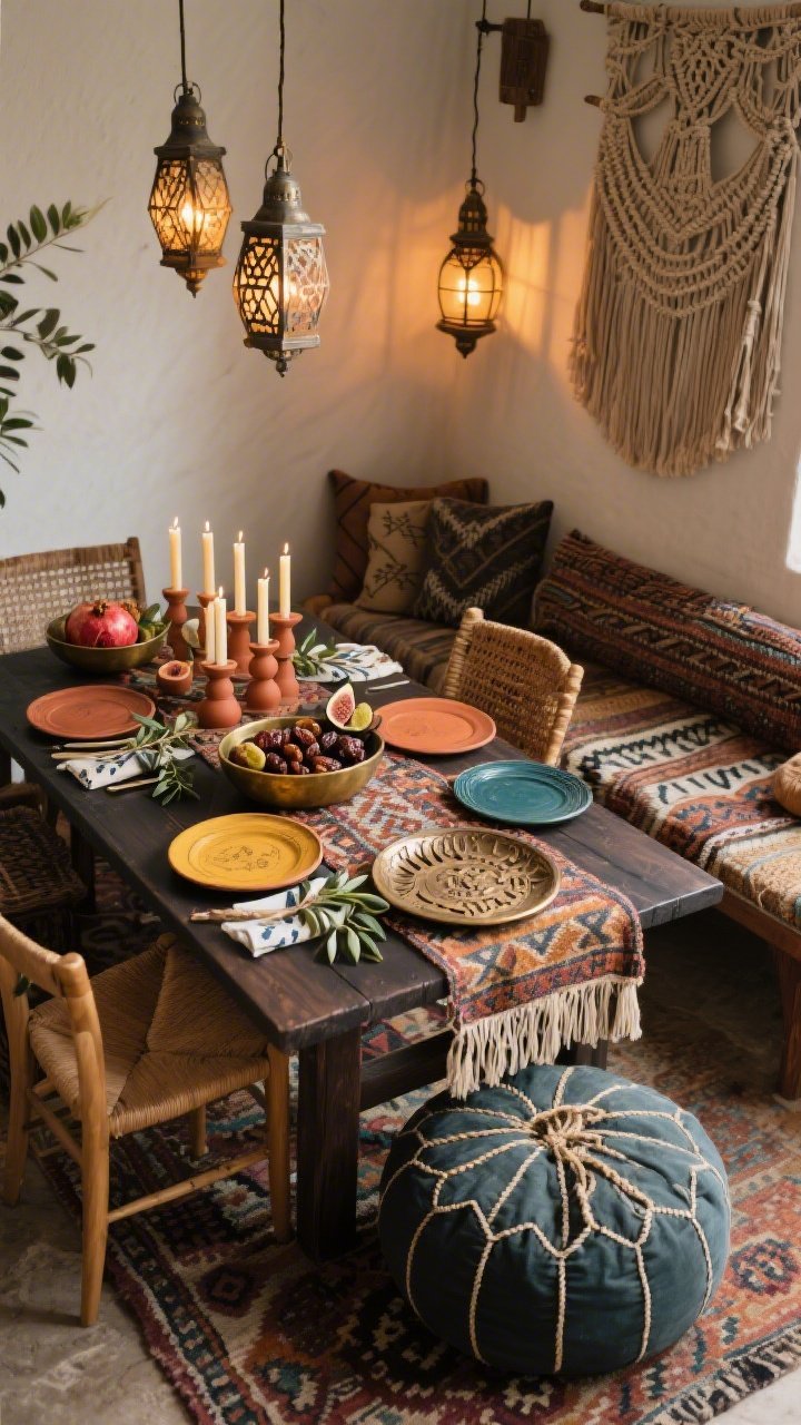 Medium-to-wide shot, Earthy Boho With Nomadic Layers: dark wood table with a patterned kilim runner; mismatched vintage plates in terracotta, saffron, and deep teal; low brass bowls filled with dates, figs, and pomegranates; clusters of taper candles in terracotta holders; a hand-etched metal or carved olive-wood Seder plate as the focal point; mix-and-match chairs with a couple of poufs or floor cushions; block-printed napkins tied with braided twine and olive sprigs; a fringed throw draped across a bench; woven wall hanging or macramé behind, lantern-style pendants casting a warm glow; photographed from a corner angle to show layers and textures, photorealistic.