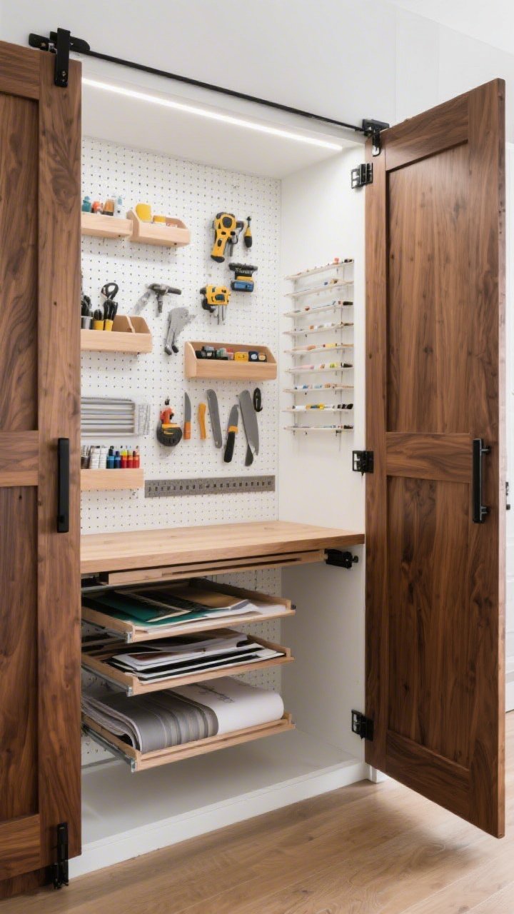 Medium-to-wide shot, Foldaway Cabinet Workshop: an armoire-style cabinet opened to reveal a compact studio; warm walnut exterior, crisp white interior with shallow pegboard panels full of neatly arranged tools, pull-out trays for paper, vinyl, and paints, a drop-down work surface hinged from the middle shelf, magnetic strip holding blades and rulers, matte black pulls with soft-close hinges, bright shadow-free LED strip lighting; photorealistic, three-quarter view.