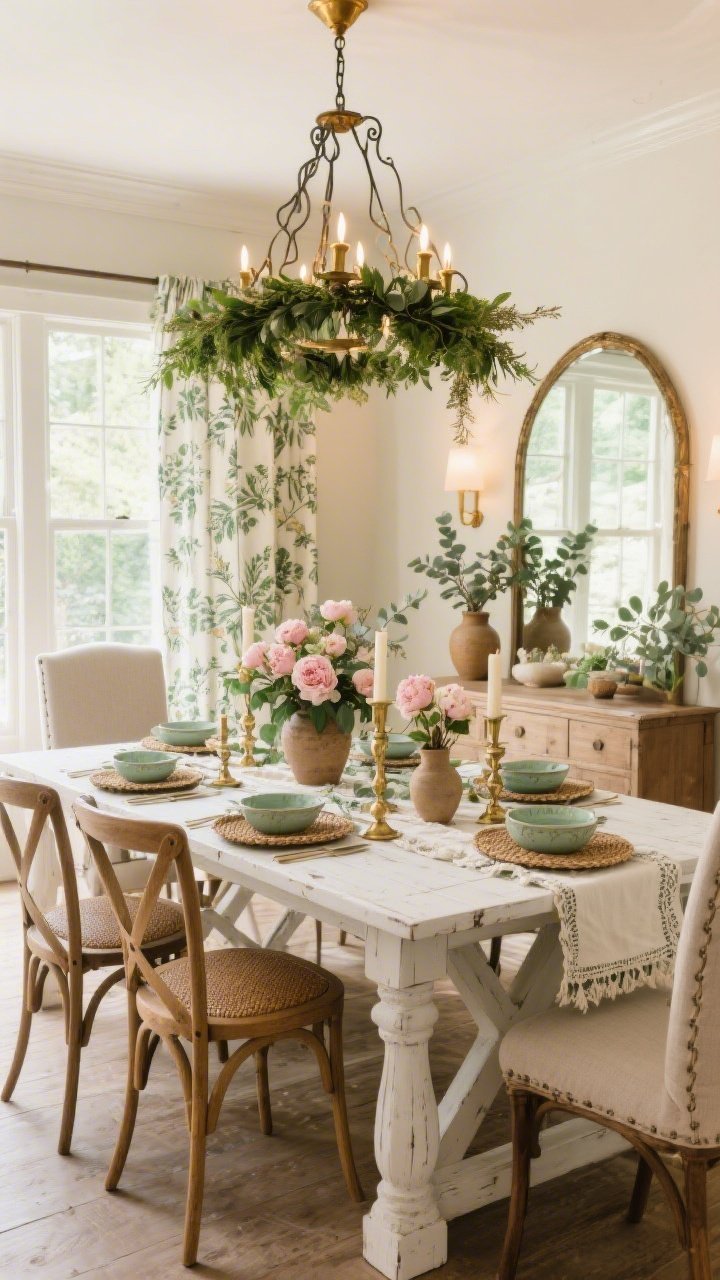 Medium-to-wide shot, Garden Party Dining Room: farmhouse trestle table with a whitewashed finish set for a perennial celebration; mixed seating—two upholstered end chairs and four bentwood side chairs; wrought-iron chandelier overhead wrapped with faux greenery garlands; botanical-print drapery framing windows; linen table runner with layered candlesticks in brass and ceramic; earthen vases filled with faux peonies and branches; stoneware dishes and rattan chargers with embroidered napkins at each place; a large arched mirror on the sideboard reflecting soft light; palette of eucalyptus green, warm white, blush, and antique brass; warm, inviting ambient lighting; photorealistic, slight corner angle.