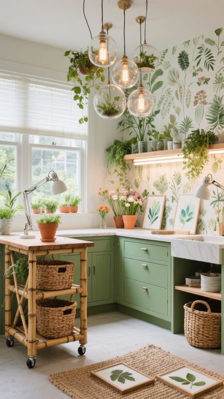 Medium-wide angle by window: A Botanical Daylight Greenhouse craft space with sage green cabinetry, rattan baskets, and a bamboo-topped island on casters. One wall features botanical wallpaper for lively pattern. Lighting emphasizes nature: translucent solar shades diffuse abundant daylight; for overcast moments, a cluster of glass terrarium pendants with visible filament-style LEDs provides warm, plant-friendly glow. Discreet full-spectrum grow-light strips under the window shelf nurture herbs and stems; white gooseneck task lamps illuminate floral and watercolor stations. Accents: terracotta pots, a sisal runner, pressed leaves in floating frames. Fresh, breezy, photorealistic.