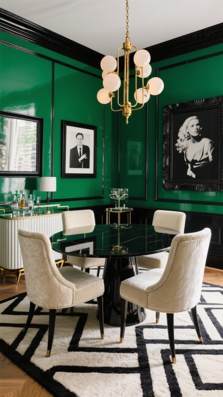 Medium-wide Art Deco dining room with lacquered emerald walls and high-contrast ebony black trim; sleek glossy oval dining table; cream velvet upholstered chairs around it; smoked-glass bar cart and fluted console nodding to 1920s glam; brass chandelier with opal globes providing soft flattering light; geometric ivory-and-black rug underfoot; oversized black-and-white photography in chunky black frames on the walls; palette of emerald, black, cream, warm brass; photorealistic, slightly reflective surfaces, frontal angle.