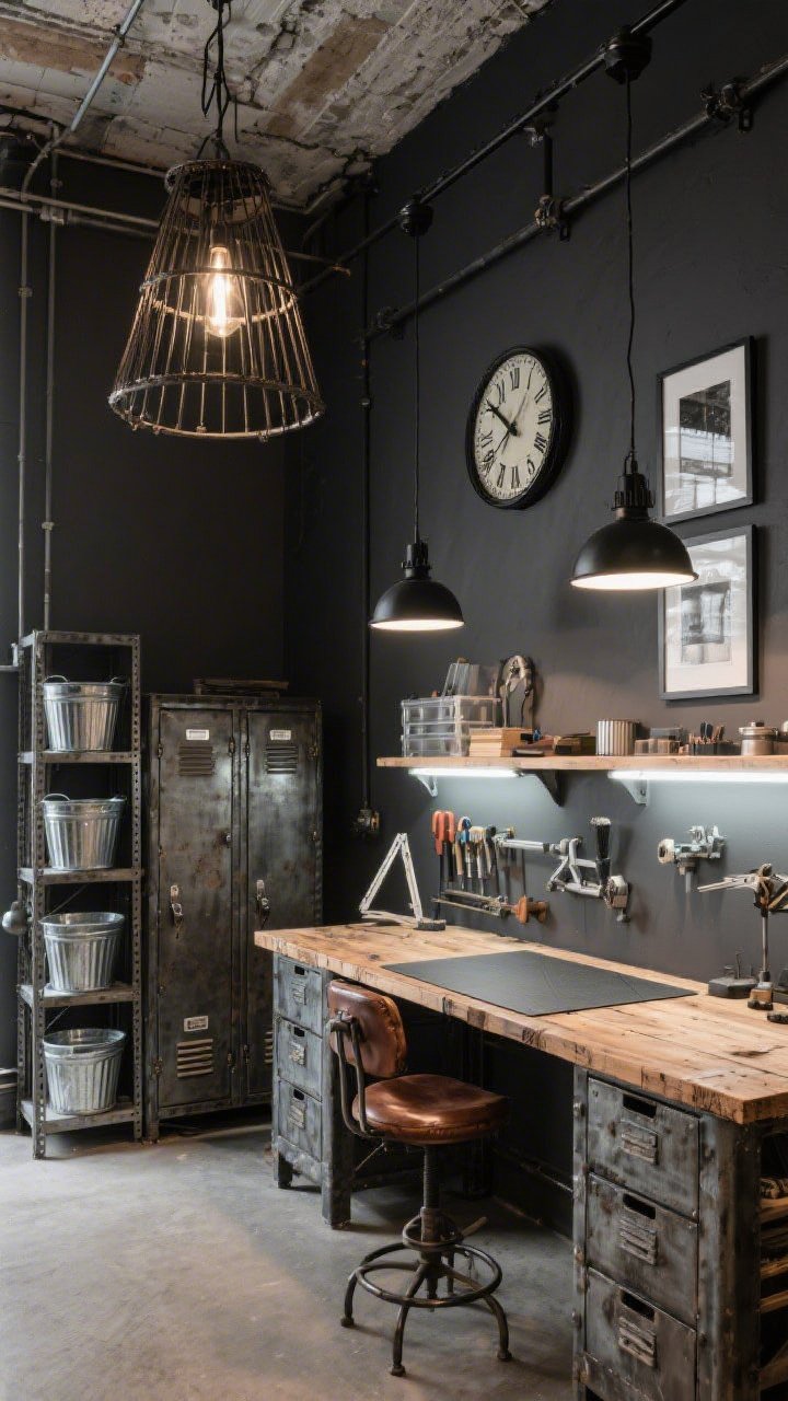 Medium-wide corner angle: An Industrial Maker’s Loft craft area with a warm charcoal accent wall behind a robust workbench, metal shelving, galvanized bins, and a reclaimed pine tabletop. Dramatic lighting includes a chunky caged chandelier anchoring the room and a pair of matte black linear LED pendants over the cutting mat for crisp, shadow-free task light. Adjustable track heads spotlight framed prints and a materials wall; cool-white under-shelf LED strips make metallic tools and details pop. Decor elements: vintage locker cabinets, a leather drafting stool, and a large industrial wall clock. Rugged, urban, and inspiring; photorealistic.
