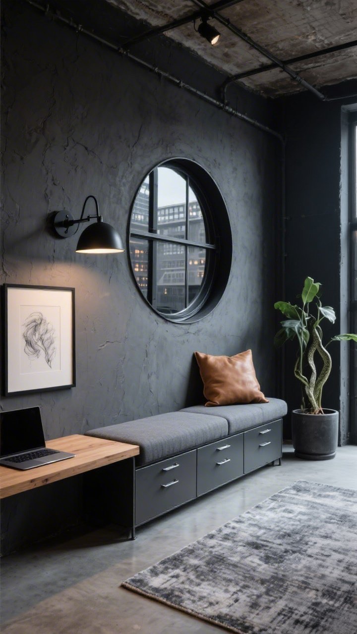 Medium-wide, corner angle: Modern industrial loft scene with a circular window framed in blackened steel set into a charcoal plaster accent wall. The built-in bench features slate performance fabric upholstery; under it, powder-coated metal drawers line up cleanly. A matte-black pivoting wall sconce angles light over a slim oak ledge that doubles as a laptop perch. A concrete-look rug grounds the area. Accents include a graphite sketch in a thin black frame, a single camel leather pillow for warmth, and a tall snake plant in a charcoal planter. Evening city-cool mood with crisp, directional lighting.
