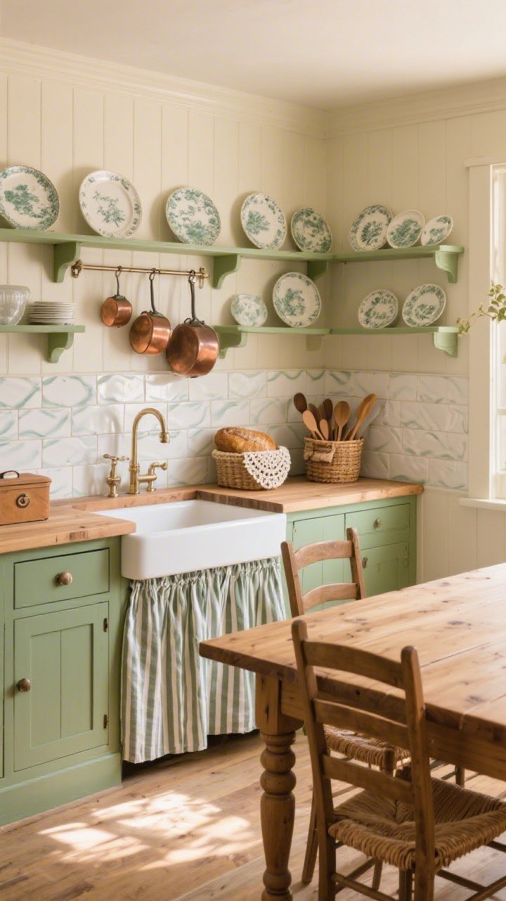 Medium-wide corner angle of a Hearthside Cottage Kitchen in warm morning light: sage green lower cabinets, buttermilk white walls, hand-glazed wavy subway tile backsplash; copper pots on a wall-mounted rail; a butcher-block island with spindle legs as the focal point; upper storage replaced by plate racks and open shelves filled with transferware and milk glass; skirted farmhouse sink in ticking stripe fabric; ladder-back chairs with rush seats around a sturdy pine table; decor accents including a bread box, crocheted pot holders, and a woven basket of wooden spoons. Photorealistic, homey, aromatic warmth implied.