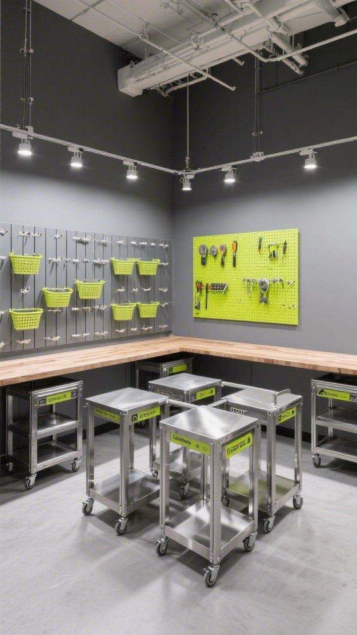 Medium-wide corner angle, photorealistic: A sleek modular maker lab with graphite gray walls clad in a full-width slatwall system holding movable hooks and baskets. Below a long butcher-block worktop, stainless steel rolling carts are parked, each labeled on multiple sides. In the center, three modular work tables are locked together, with overhead track lighting swiveling to spotlight the station. A bold chartreuse pegboard pops on one wall with neatly outlined tools. Color palette: graphite, stainless steel, chartreuse accents. Even task lighting with slight specular highlights on metal surfaces, showcasing mobility and adaptability.