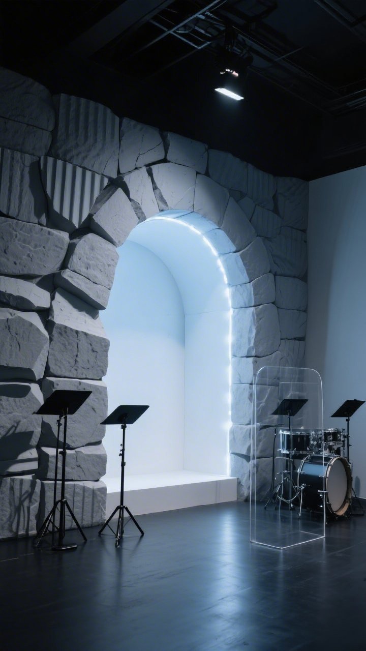 Medium-wide, corner-angle view of “The Modern Empty Tomb” stage: a faceted stone-like wall built from painted foam/corrugated panels in layered grays, featuring a large circular cutout symbolizing the rolled-away stone; inside the circle a clean white interior glowing with hidden LEDs (cool blue ambience transitioning to bright white at focal moments); surrounding elements matte black—black metal music stands, matte floor, acrylic drum shield preserving sightlines; sharp backlighting creating bold silhouettes; high-contrast, minimalist, cinematic feel; no people.