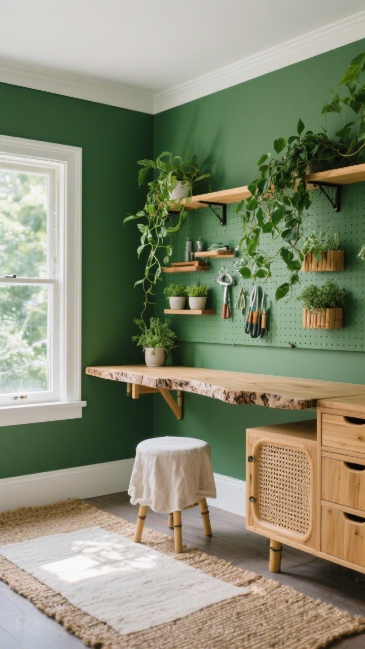Medium/wide corner shot, Nature-Forward Greenhouse Studio: moss green walls with crisp white trim; a live-edge-look desk floating on bracketed supports to keep floor space open; bamboo drawer units and rattan-front cabinet doors (stick-on panels) provide eco storage; a forest-green sprayed pegboard framed in oak displays neatly arranged tools; trailing pothos cascade over shelves, with a mini herb trio by a sunlit window; a layered jute and cotton rug grounds the scene; a linen-covered stool tucked under the desk; serene natural light with soft greenery reflections, photorealistic.