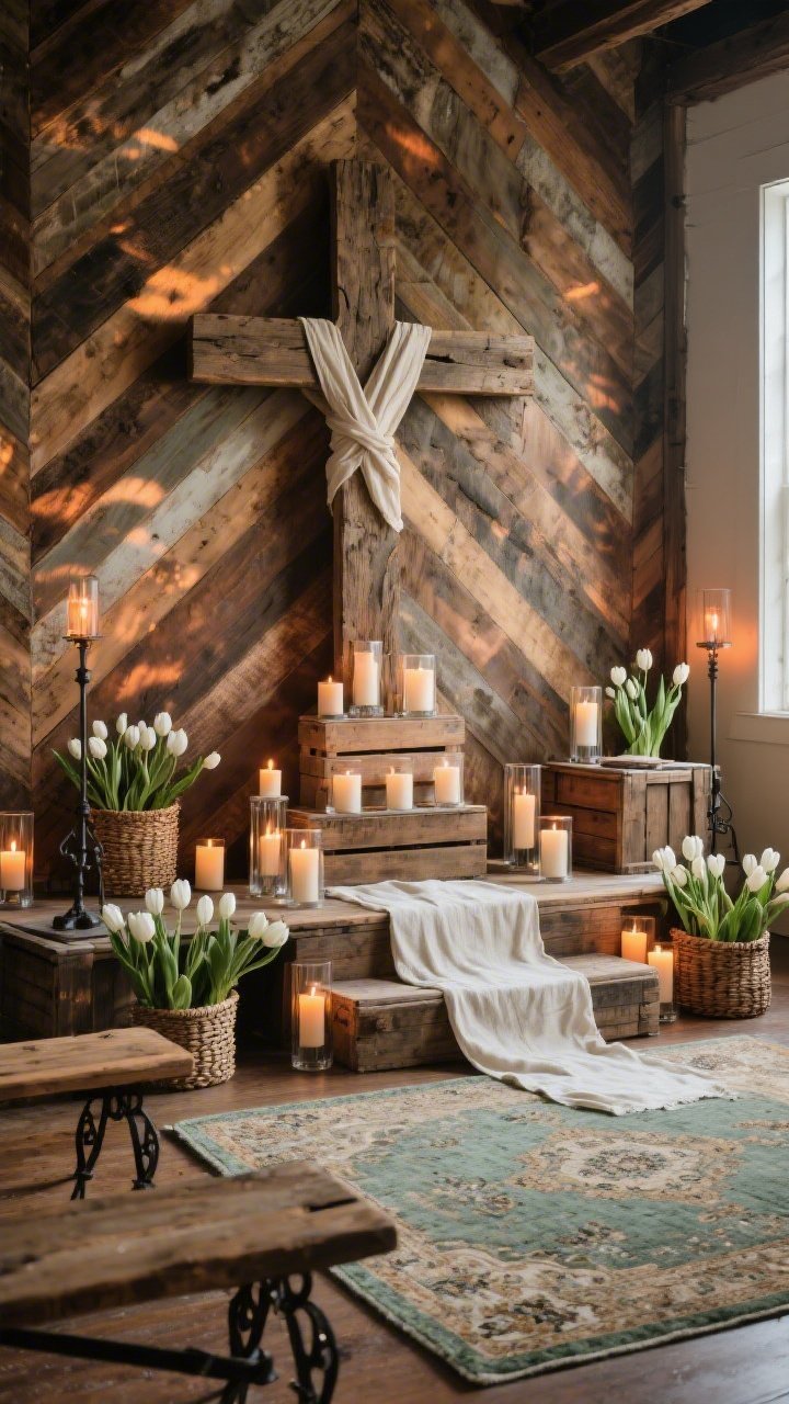 Medium-wide, diagonal angle of “Rustic Resurrection”: a backdrop of reclaimed wood in mixed stains arranged in chevrons and vertical bands, rich texture and grain; a rough-hewn wooden cross at center wrapped simply with linen; tiers of pillar candles in hurricane cylinders scattered across wooden crates and benches; woven baskets of white tulips; a linen runner over the front riser; an antique-style area rug grounding the scene; palette of warm woods, ivory, soft sage, and iron hardware; amber and candlelight effects with gentle gobo dappling; intimate, cozy, reverent; photorealistic.