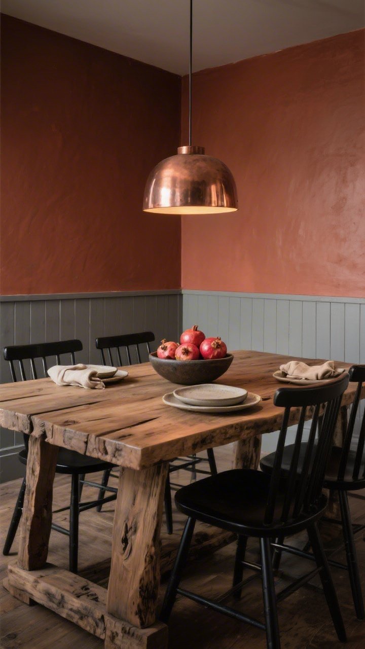 Medium-wide dining room, rustic modern: matte rust walls with a simple vertical board-and-batten half-wall painted rust; reclaimed oak live-edge dining table centered, surrounded by black spindle chairs; overhead brushed copper chandelier giving a warm reflective glimmer; stoneware plates, linen napkins in putty/sand, and a low bowl of pomegranates styled on the table; textures of reclaimed wood, metal, linen, stoneware; palette rust, natural oak, black, copper, stone gray; warm moody dinner-time lighting; shot from a corner angle.