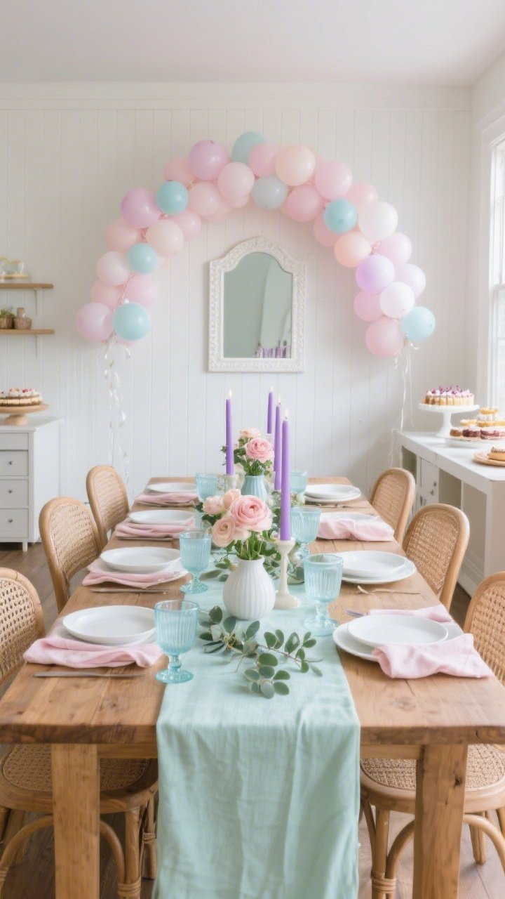 Medium-wide dining room set for a birthday brunch: pastel balloon arch crowning a long warm oak table; smooth white wall or beadboard panel as backdrop; table styled with white dishes, blush linen napkins, pale blue glassware; cane-back chairs around the table; mint table runner echoing the arch; low vases with ranunculus and eucalyptus centered; lavender taper candles; white-framed mirror on the wall bouncing color; a sideboard hosting a dessert bar; natural daylight, festive yet refined mood; photorealistic, straight-on angle.