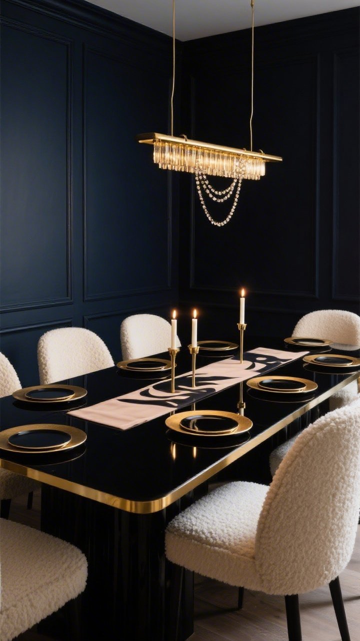 Medium-wide dining scene from a corner angle: a dramatic Black Lacquer Dining With Gilded Edges featuring a reflective black lacquer table set with curved cream bouclé chairs; walls in deep charcoal (almost inky navy) to intensify contrast; thin gold-rimmed charger plates and slim brass candlesticks on the glossy surface, a nude-and-jet abstract runner anchoring the table; overhead, a linear gold chandelier like jewelry casts warm highlights that sparkle on the lacquer; colors black, cream, charcoal, warm gold; sleek, not showy; moody evening lighting with candlelight reflections.