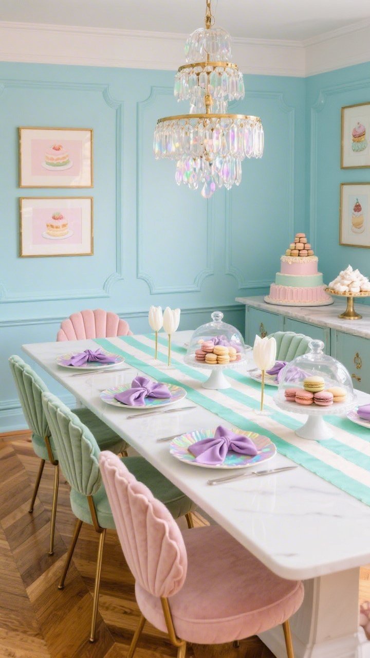 Medium-wide dining scene, slight corner angle of a Macaron Patisserie Dining Room: powder-blue panel molding walls with soft bevels like a pastry box, long white tulip table set with iridescent chargers and lavender napkins knotted like ribbon candy, alternating velvet scallop-shell chairs in pistachio and rose around the table, dessert buffet console at one end with cake stands of faux meringues and stacked macarons under glass cloches, tiered glass pendant overhead mimicking sugar droplets casting prismatic highlights, pastel pastry prints in thin brass frames, warm oak herringbone flooring, mint-and-cream striped runner down the table center, elegant yet playful bakery ambiance, photorealistic
