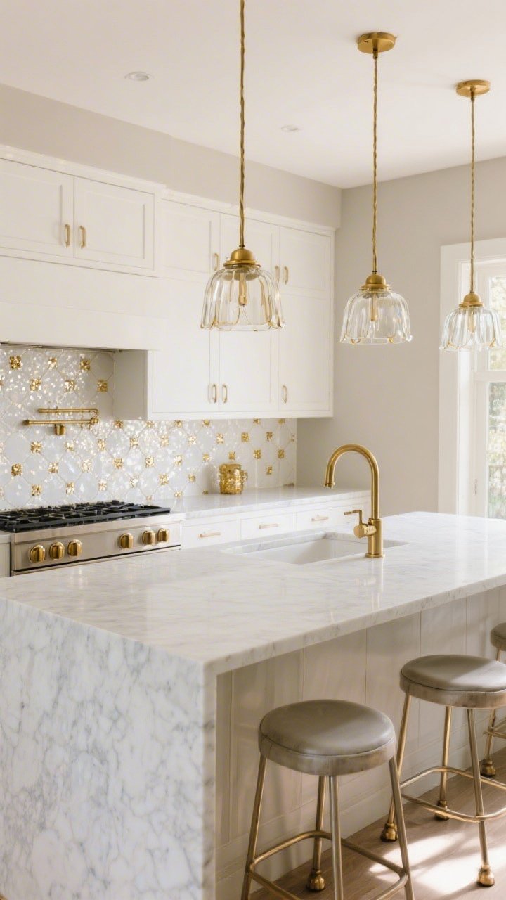 Medium-wide kitchen island view, straight-on: Glam Gather Kitchen With Sparkly Backsplash featuring warm white cabinetry with brushed brass pulls, cloudy quartz countertops, and soft greige walls; behind the range and sink, a pearl-white zellige-style backsplash with scattered gold-lustre tiles that glint like nail glitter under a topcoat; a brass bridge faucet at the sink; over the island, gold-lined glass pendants casting warm highlights; barstools with metal-capped feet tucked in; palette of warm white, greige, pearl, and bright brass; crisp, contemporary lines, sunlit sparkle.