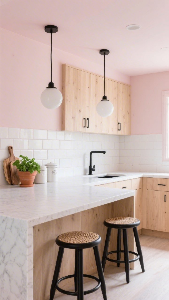 Medium-wide kitchen view, Scandinavian blush: walls and ceiling painted blush; light oak flat-front cabinets with integrated pulls; white quartz countertops; soft white square zellige tile backsplash adding texture; matte black hardware and black pull-down faucet; pair of opal globe pendants over the island; black spindle stools with woven seats; styling includes a terracotta planter with basil, stacked wood cutting boards, and white ceramic canisters. Photorealistic, airy daylight, clean lines, slightly elevated corner angle.