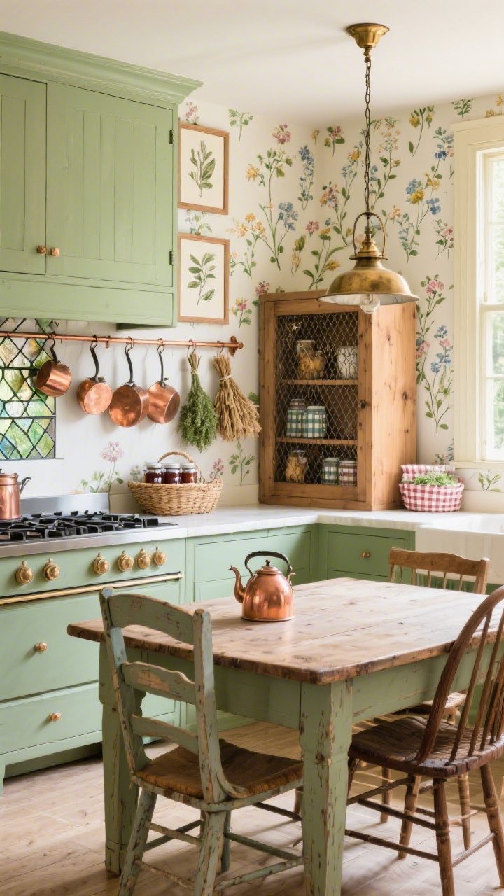 Medium-wide kitchen view with storybook charm: sage-green cabinets shifting in light, copper pot rail spanning the stove wall hung with gleaming copper pots; leaded glass window casting patterned reflections; walls in hand-blocked wildflower wallpaper, tiny floral print; freestanding oak pantry with chicken wire doors displaying jam jars and gingham-lined baskets; chunky farm table with mismatched Windsor chairs in faded paints; aged brass lantern pendant over the table; styled with copper kettle, framed botanical sketches on the wall, herb bundles drying; palette of sage, copper, oat, buttercream; soft morning brightness, corner angle.