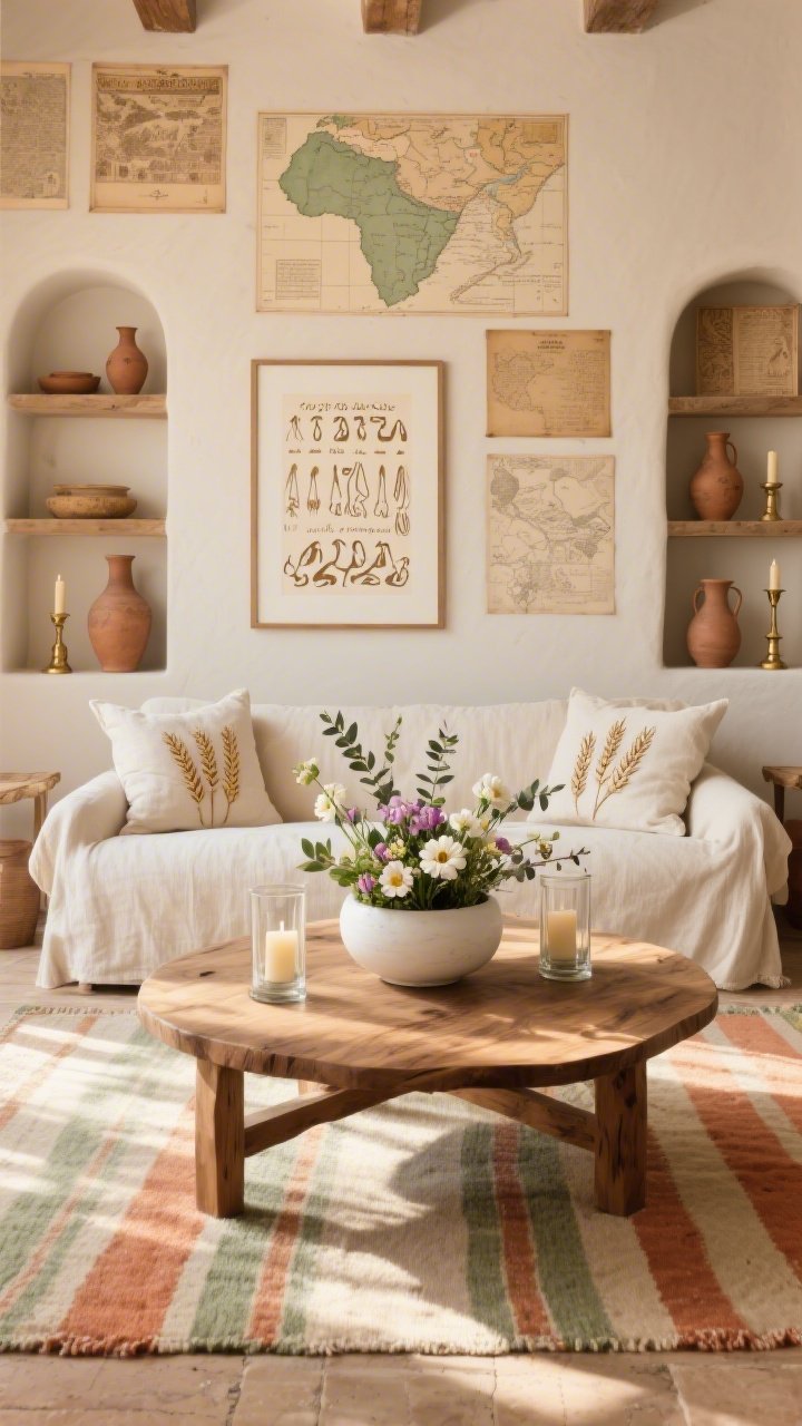 Medium wide living room shot: Sunlit space in a warm palette of sand, olive, terracotta, and cream; a low-profile slipcovered sofa faces an olivewood coffee table holding a circular floral centerpiece in a white ceramic bowl—anemones, sweet peas, eucalyptus encircling two glass hurricane candles; built-in shelves with clay jugs, brass candlesticks, and a framed, soft watercolor papercut of the Ten Plagues; a flatweave kilim rug with faded desert stripes; linen throw pillows embroidered with wheat and barley; vintage maps of the ancient Near East on the wall; cozy, storytelling mood in gentle afternoon light.
