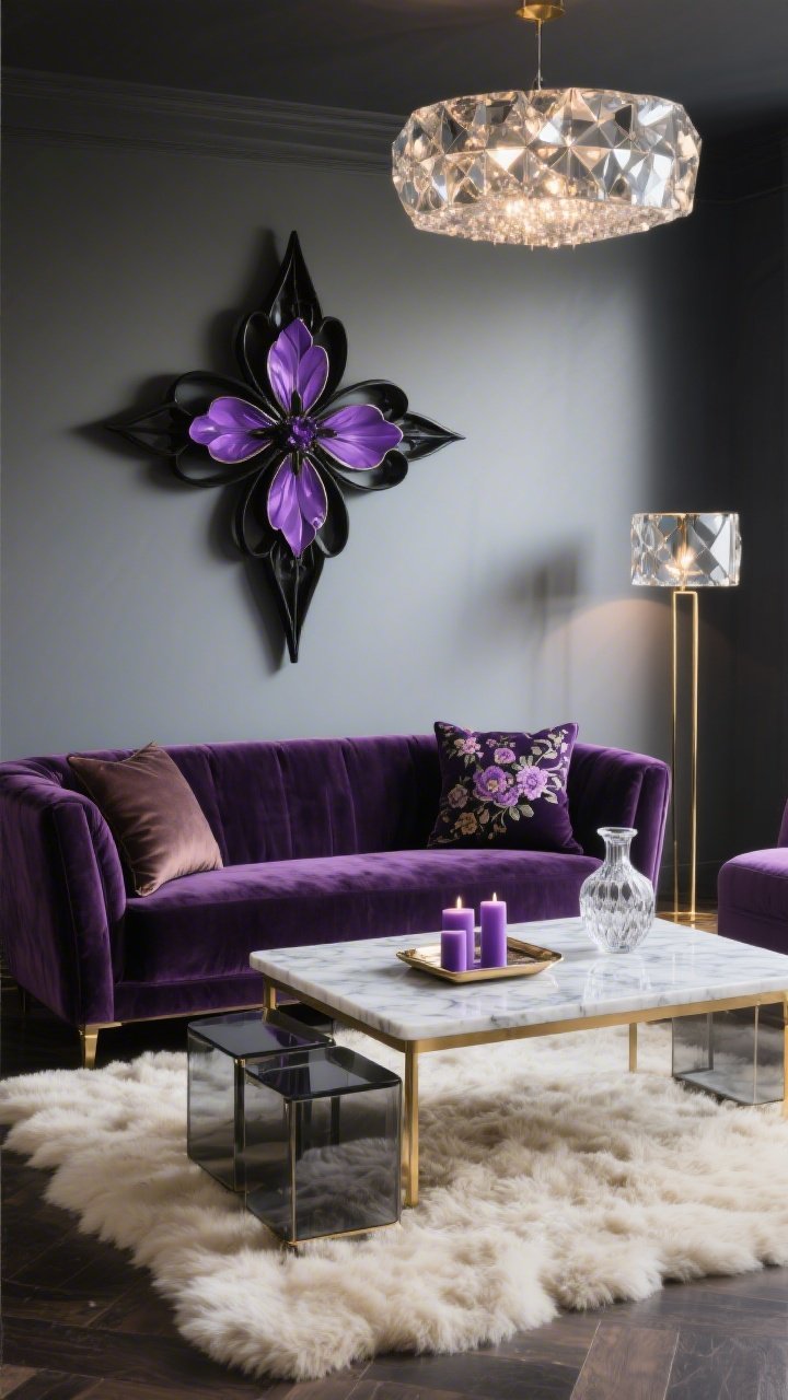 Medium-wide living room vignette with dramatic, moody lighting: a deep amethyst velvet sofa anchors the scene, above it a large matte black metal floral cross inlaid with purple enamel petals as a bold focal point; a marble-topped coffee table in front, smoked glass side tables, and a plush cream shag rug; velvet cushions in eggplant and fig tones, plus a couple of embroidered floral-motif pillows; gold linear floor lamp to one side and a faceted crystal flush-mount overhead casting soft sparkles; a mirrored tray with lilac candles and a cut-glass vase on the coffee table; palette of amethyst, charcoal, cream, polished gold; modern-luxe, photorealistic.