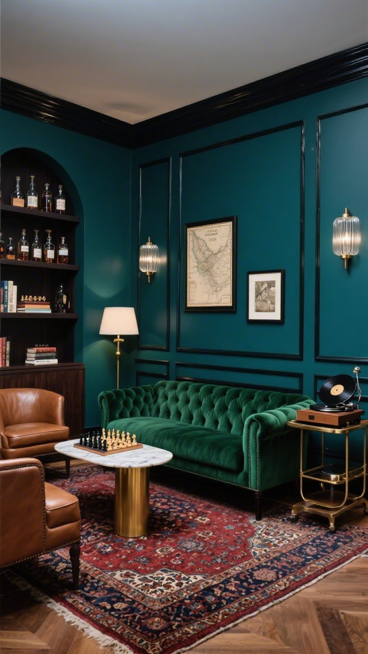Medium-wide lounge shot of a modern gentlemen’s club setting with walls painted deep forest green (or coal blue) and satin black trim. Center a tufted velvet sofa in bottle green (or midnight), facing a pair of low leather club chairs. Add a brass-and-marble side table and dark walnut shelving displaying decanters, novels, and a chess set. On the floor, a Persian-style rug with deep reds and navy. Include a classic banker’s lamp on a side surface and wall sconces with ribbed glass for moody lighting. Accents: framed vintage maps, compact bar cart, record player on a stand. Atmosphere: rich, refined, comfortable; photorealistic, straight-on.