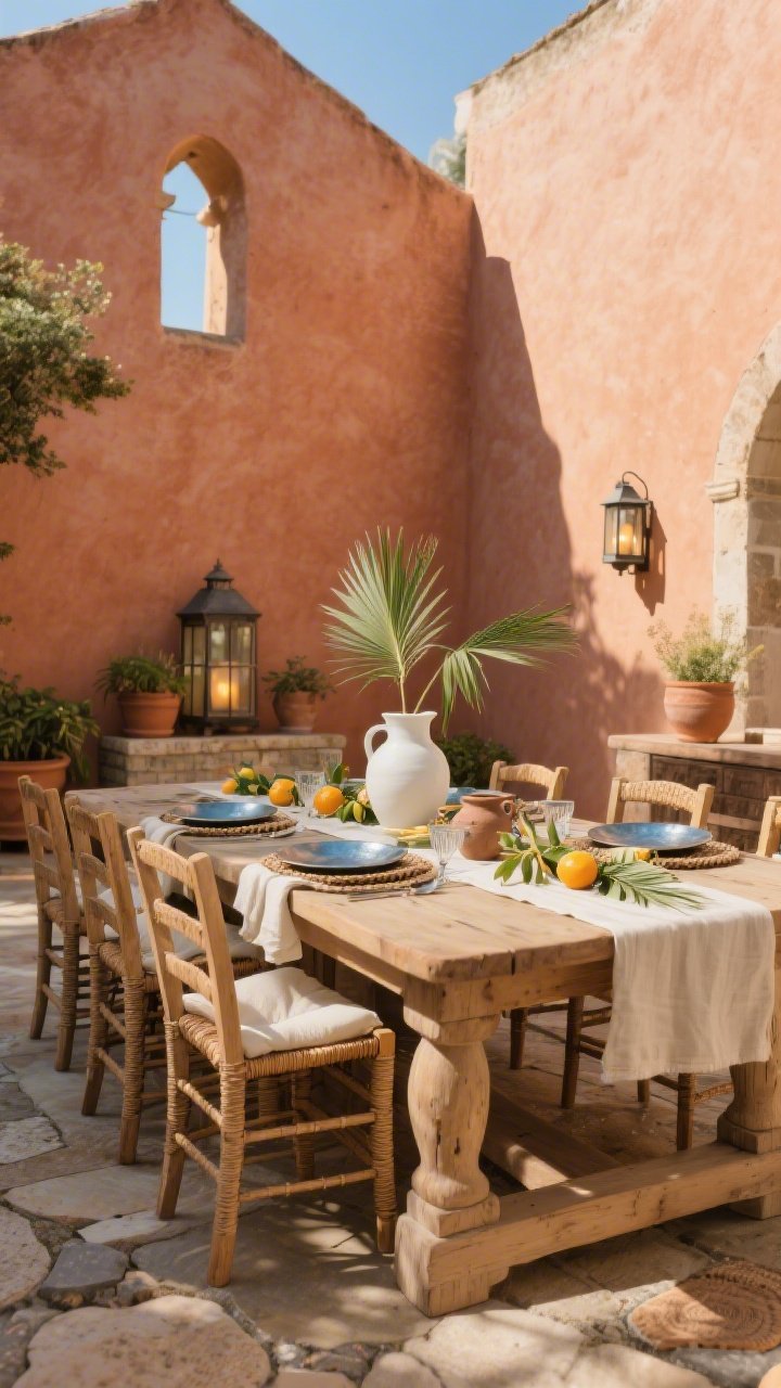 Medium wide, Mediterranean Courtyard Dining: sun-drenched dining room evoking a church courtyard; terracotta-hued plaster-style wall backdrop; rustic farmhouse table with chunky legs, paired with wicker or ladder-back chairs topped with cream cushions; centerpiece runner alternating palm leaves and citrus stems in hand-thrown pottery; hammered metal plates, linen napkins tied with a slim palm frond, simple white ceramic pitcher centered; colors of clay, olive, cream, and sun-faded blue; textures of terracotta planters, woven placemats, stone coasters; lanterns with glass panes ready for evening luminescence; warm, golden light streaming in.