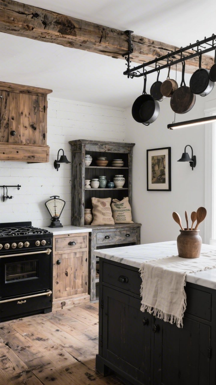 Medium-wide rustic heirloom kitchen with edge: raw knotty wood cabinetry in matte oil, matte black range, iron cabinet hardware; whitewashed walls balancing contrast; reclaimed beam overhead with wrought-iron pot rack loaded with everyday pans; freestanding antique hutch displaying mismatched ceramics, flour sacks, and a weathered scale; wide-plank oak floor looking timeworn; black-framed art on the wall, linen runner with frayed edges on the island, crock of wooden spoons on the counter; black farmhouse sconces and a slim linear island light providing moody illumination; palette weathered oak, soot black, chalk white, pewter; angled corner view, photorealistic.